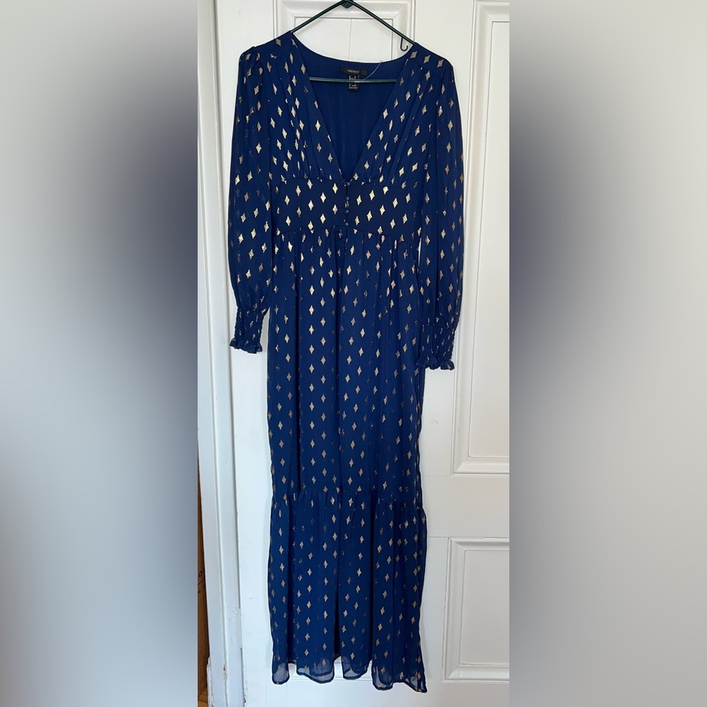 Navy Blue & Gold Medium Forever 21 Long-Sleeved Dress